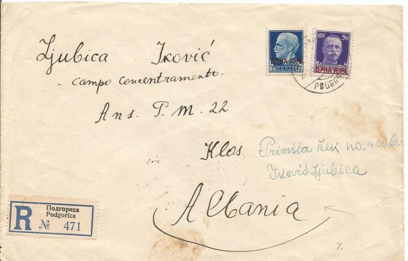 1942 Podgorica Yugoslavia Cover to Klos Albania Internment Camp Italy stamps