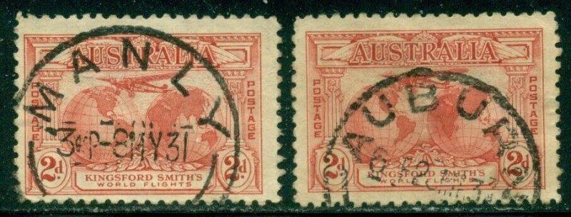 AUSTRALIA SCOTT # 111, WORLD FLIGHTS, USED, 2 STAMPS, GREAT PRICE!