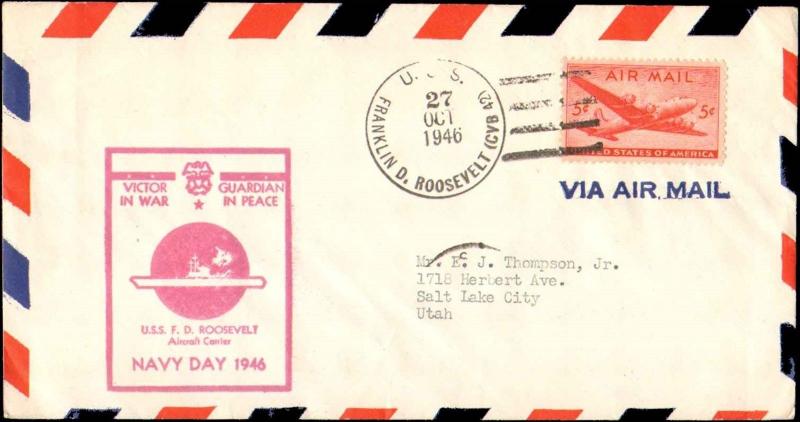 1946 USS FRANKLIN D ROOSEVELT AIRCRAFT CARRIER CACHET FOR NAVY DAY