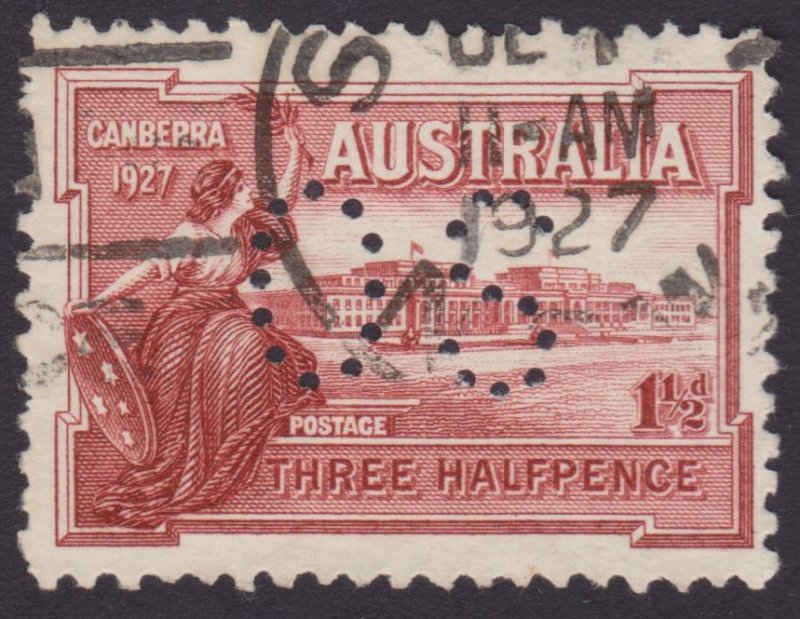 SG O112: Opening of Australia Parliament House 1927 1½p OS perforated