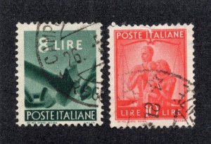Italy 1947-48 8 l & 10 l values, Scott 486-487 used, value = 50c