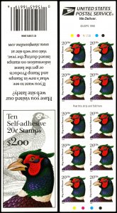 US Sc 3050a MNH COMPLETE BKLT - 1998 20¢ - Pheasant  - 10 Stamps