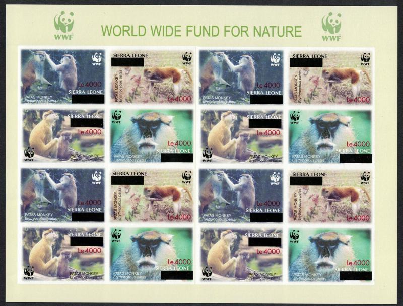 Sierra Leone WWF Patas Monkey IMPERF Sheetlet of 4 sets with overprint RARR