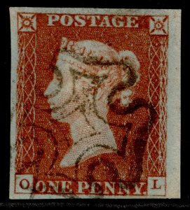 GB QV SG8, 1d red-brown BLACK MX PLATE 32, FINE USED. Cat £60. OL