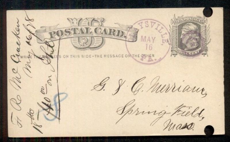 1878 CLAYSVILLE PA and BULLSEYE fancy cancel in magenta, 1¢ card, punch holes VF