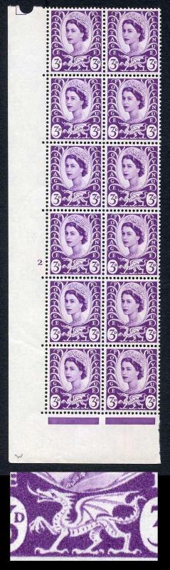 Wales XW2a 3d Deep Lilac Crowns Wmk Whiter Paper Block 12 with Wing Tail Flaw