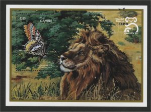 GAMBIA, SOUVENIR SHEET WORLD STAMP EXPO 99 NH, LION BUTTERFLY