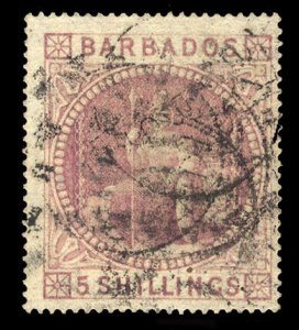 Barbados #43 Cat$375, 1873 5sh dull rose, used, well centered