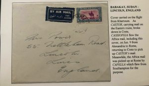 1937 Khartoum Sudan Airmail Crash Cover To Lincoln England Castor Flight
