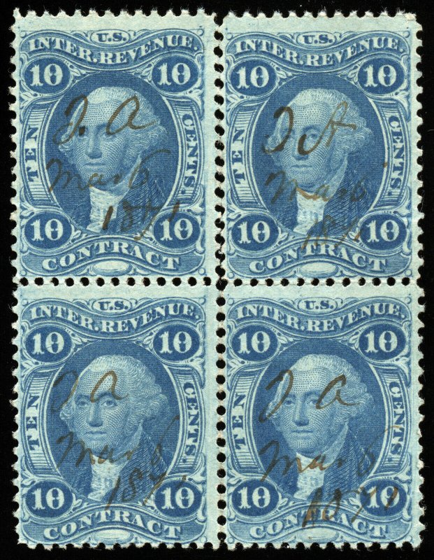 v34 U.S. Revenue Scott #R34d 10c Contract silk paper block of 4. CV=$70