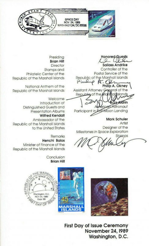 Signed Buzz Aldrin Marshall Islands 1st Day Ceremony Space WSE 25 Stamps 1989