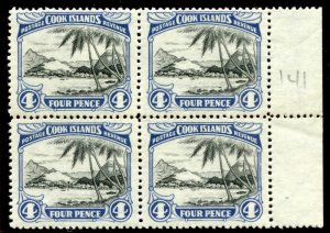 Cook Islands 1944 KGVI 4d black & blue block superb MNH. SG 141. Sc 120.