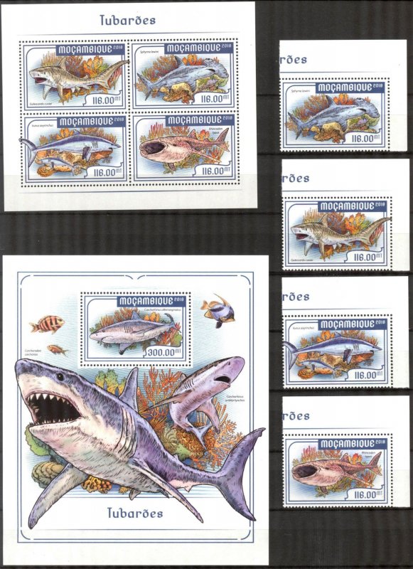 Mozambique 2018 Marine Life Sharks set + sheet + S/S MNH