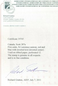 Canada #387a Used Fine Lightly Cancelled Inverted Seaway **With Certificate**