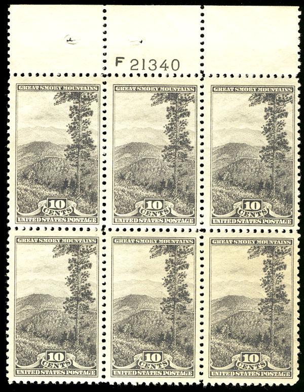 US #749 SCV $30. 10c Parks, Plate Block, VF/XF mint never hinged, LARGE TOP, ...