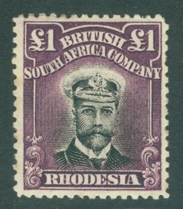 SG 242 Rhodesia 1913-17. £1 black & reddish purple. A fine fresh mounted mint...