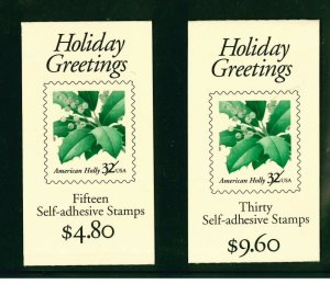 US Scott # BK264 & BK265 / $4.80 & $9.60 32¢ Christmas Holly #3117 b, c,& d MNH