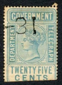 Ceylon Telegraph SGT11 25c Blue Green Type T3 Wmk Narrow CA Cat 25 KEY VALUE