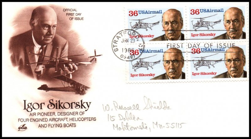 US C119 Igor Sikorsky Block of Four Artcraft Pencil FDC