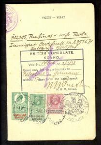 GREAT BRITAIN 1933 PALESTINE VISA Lithuania Passport Page KGV 10sh 1s 6d Revenue