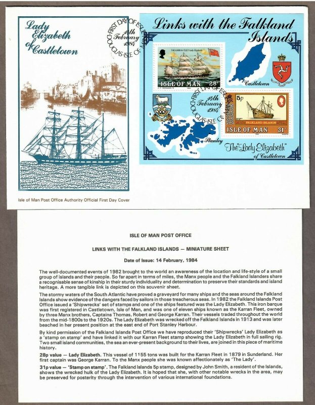 Isle of Man # 259 S/S , Links with The Falkland Islands FDC - I Combine S/H