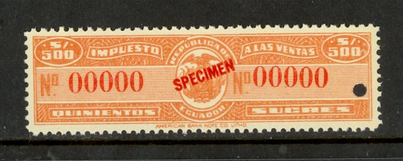 ECUADOR REVENUE STAMPS 1950 500s SALES TAX SPECIMEN MNH