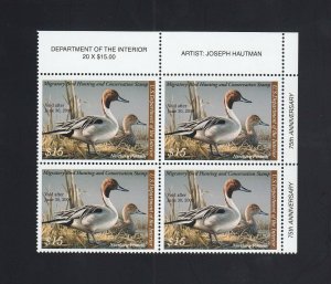 Scott #RW75 2008 $15.00 Northern Pintails Plate Block, Mint NEVER HINGED 