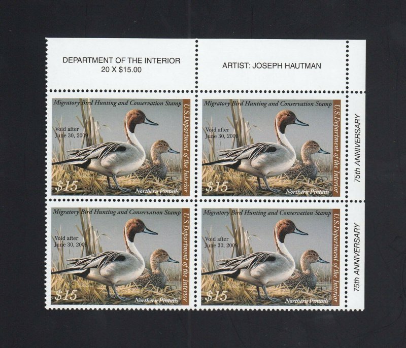 Scott #RW75 2008 $15.00 Northern Pintails Plate Block, Mint NEVER HINGED 