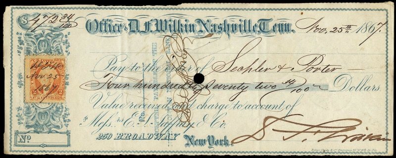 c098 U.S. R15c on Nov 1867 check, D.F. Wilkin, Nasville TN, ornate baby blue