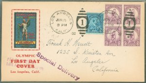 US 718-719 (1932) Los Angeles summer Olympics (set of two) 3c runner at starting mark(x4) + 5c discus thower on this addressed s