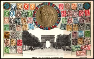 Vintage France Postcard Embossed Stamps Arc de Triomphe and Champs-Élysées Mint