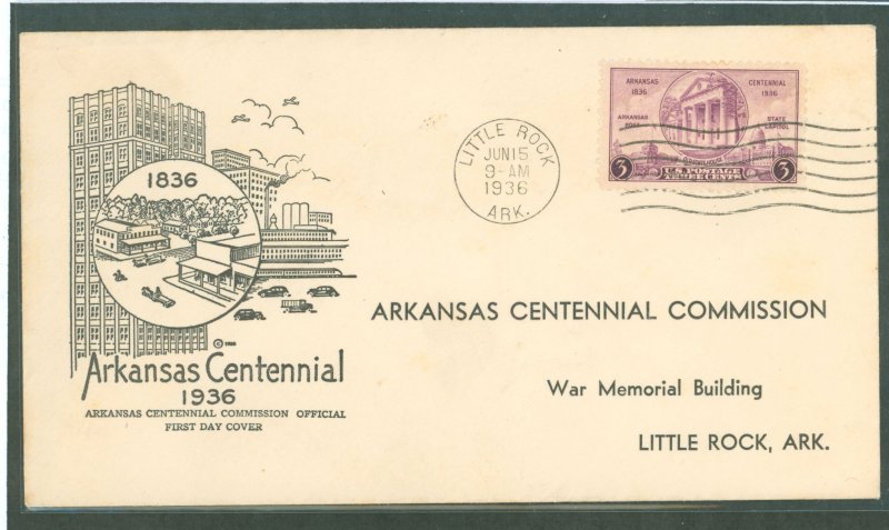 US 782 1936 3c Arkansas Statehood Centennial single on an addressed FDC with an Arkansas Centennial Commision Cachet