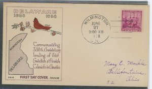 US 836 1938) 3c Swedish/Finnish founding of Delaware(single) on an addressed first day cover with an unknown cachet