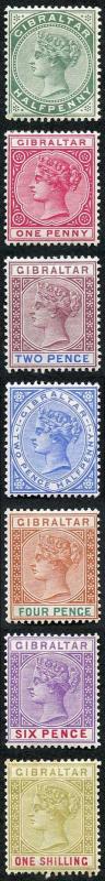 Gibraltar SG8/14 QV set of 7 wmk crown CA (1/- tone spot) M/M