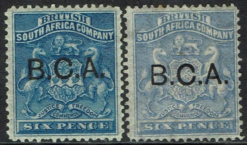 BRITISH CENTRAL AFRICA 1891 BCA OVERPRINTED RHODESIA ARMS 6D BOTH SHADES