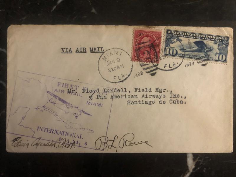 1929 Miami FL USA First Flight airmail cover FFC to Santiago Cuba signed BL Rowe