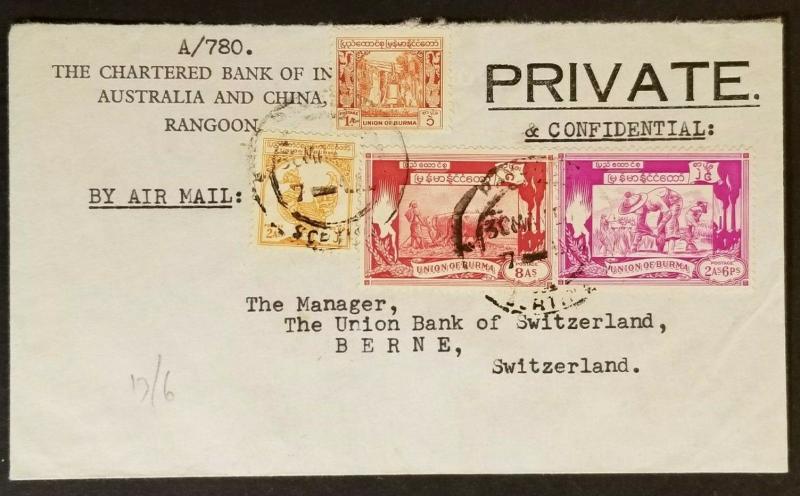 Rangoon Burma Berne Switzerland Bank India Australia & China Air Mail Ad Cover  