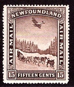 AM10a, NSSC, Newfoundland, 15c, Air Mail, p13.9, F/VF, MNHOG, Dog Sled and Airpl