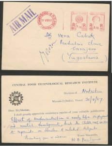 INDIA -YUGOSLAVIA-PC WITH IMPRINTED STAMPS-CENTRAL FOOD TECHNO. RESE.INSTIT-1967 