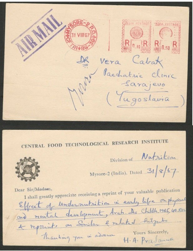 INDIA -YUGOSLAVIA-PC WITH IMPRINTED STAMPS-CENTRAL FOOD TECHNO. RESE.INSTIT-1967