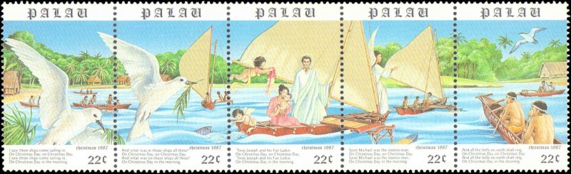 Palau #177a, Complete Set, Strip of 5, 1987, Birds, Christmas, Never Hinged