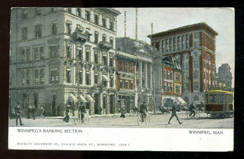 780 - KENORA Ontario Split Ring on 1906 WINNIPEG Banking Section Postcard. Tram