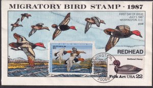 RW54 U.S. 1987 Fred Collins $10 Redhead Duck hand painted FDC First Day Cover