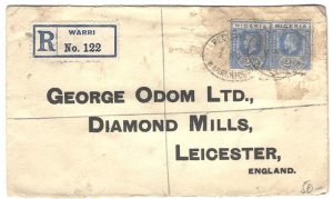 Nigeria 1925 Neat reg cover to UK franked pair 2½d, WARRI ovals & reg label, g