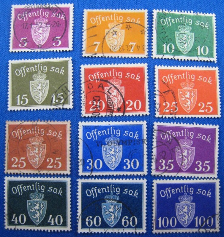 NORWAY  1933-34  -  SCOTT # O9-O16, O18-O21   COMPLETE SET   USED