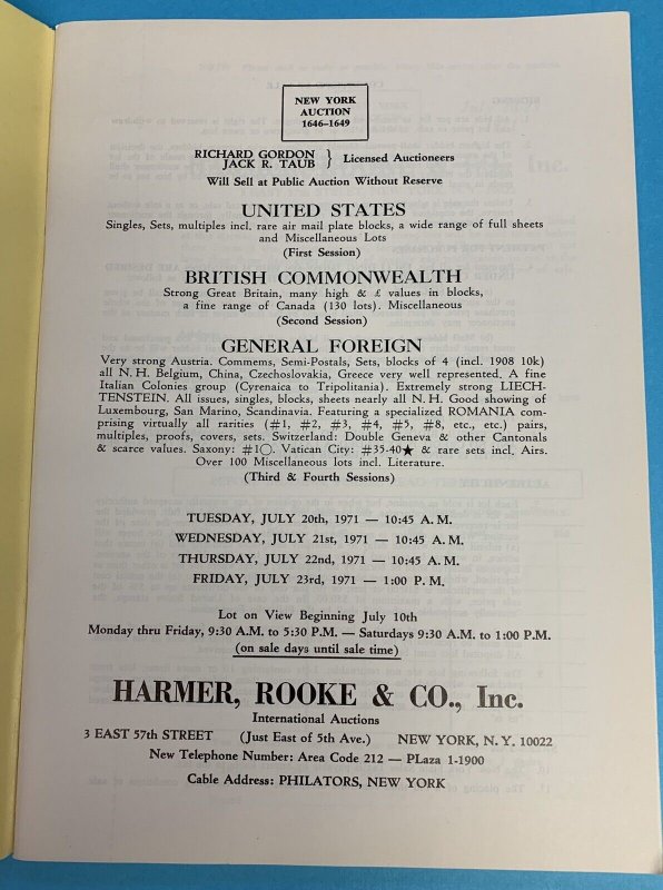 U.S., British Commonwealth, & Foreign, Harmer, Rooke, Sale 1646-49, July 1971