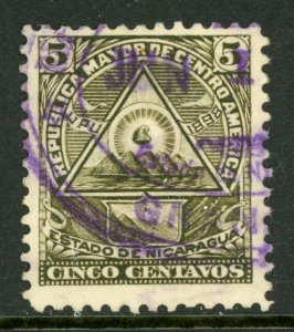 Nicaragua 1896 Seebeck 5¢ Coat of Arms Unwmk Postally Used B849 ⭐⭐⭐⭐⭐⭐