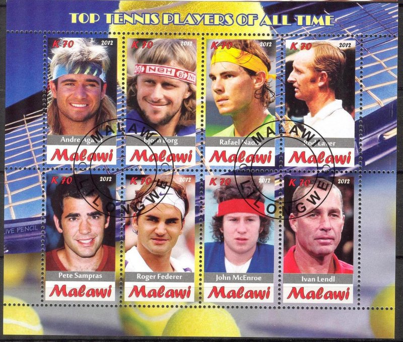 {g1752} Malawi 2012 Famous Tennis Players sheet Used / CTO Cinderella