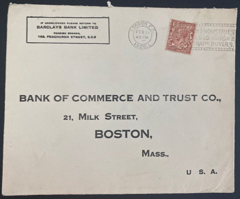 1928 London England Commercial Cover To Bank Of commerce Boston MA Usa