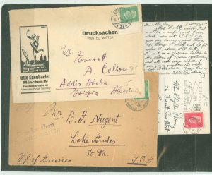 Germany 368/374/392 1931-1932 Covers/cards to Ethiopia, England, South Dakota, air & Swastika cancels.